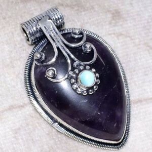 Amethyst, Larimar Gemstone 925 Sterling Silver Handmade Cap Pendant Necklace